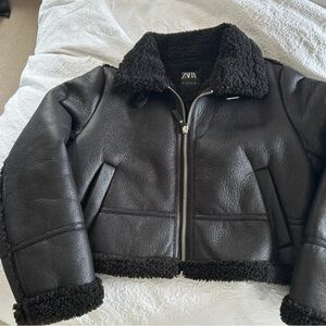 Zara Black Faux Bomber Leather Jacket